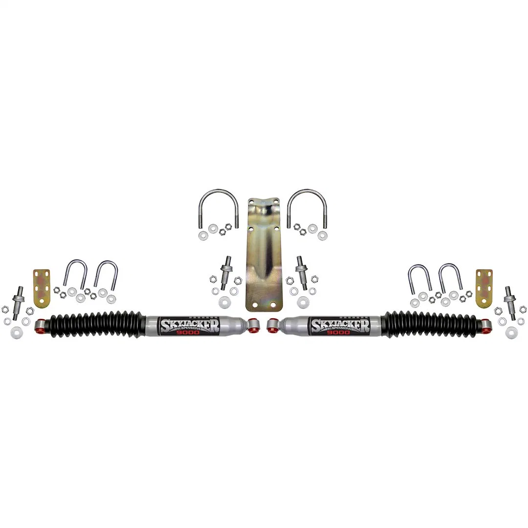 9220 – SKYJACKER Steering Stabilizer, Dual Silver Stabilizers With Mounting Brackets/ Black Boots/ Installation Hardw...